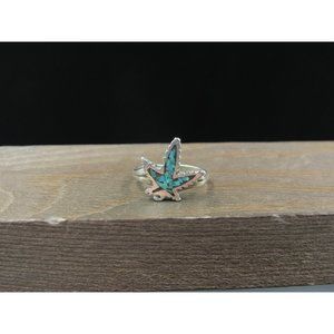 Size 4.25 Sterling Silver Turquoise Chip Inlay Leaf Band Ring Vintage Statement